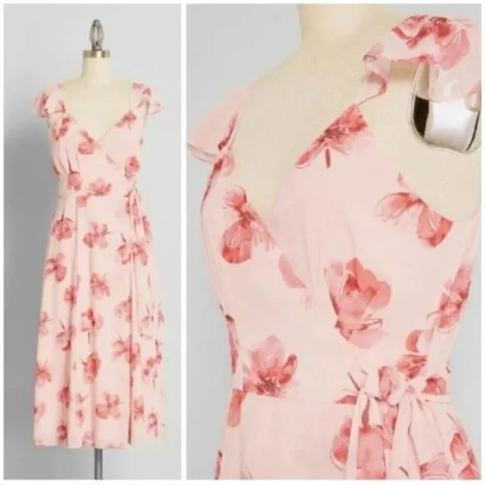 Anthropologie Hutch Pink Floral Wrap Dress Flutter Feminine Midi - 2XL
